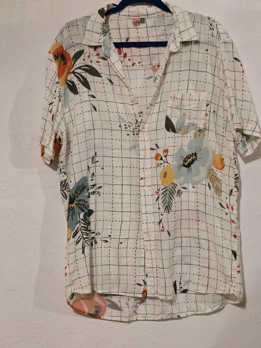 FARM Rio Cream Grid Button-Up with Blue, Yellow & Orange Florals